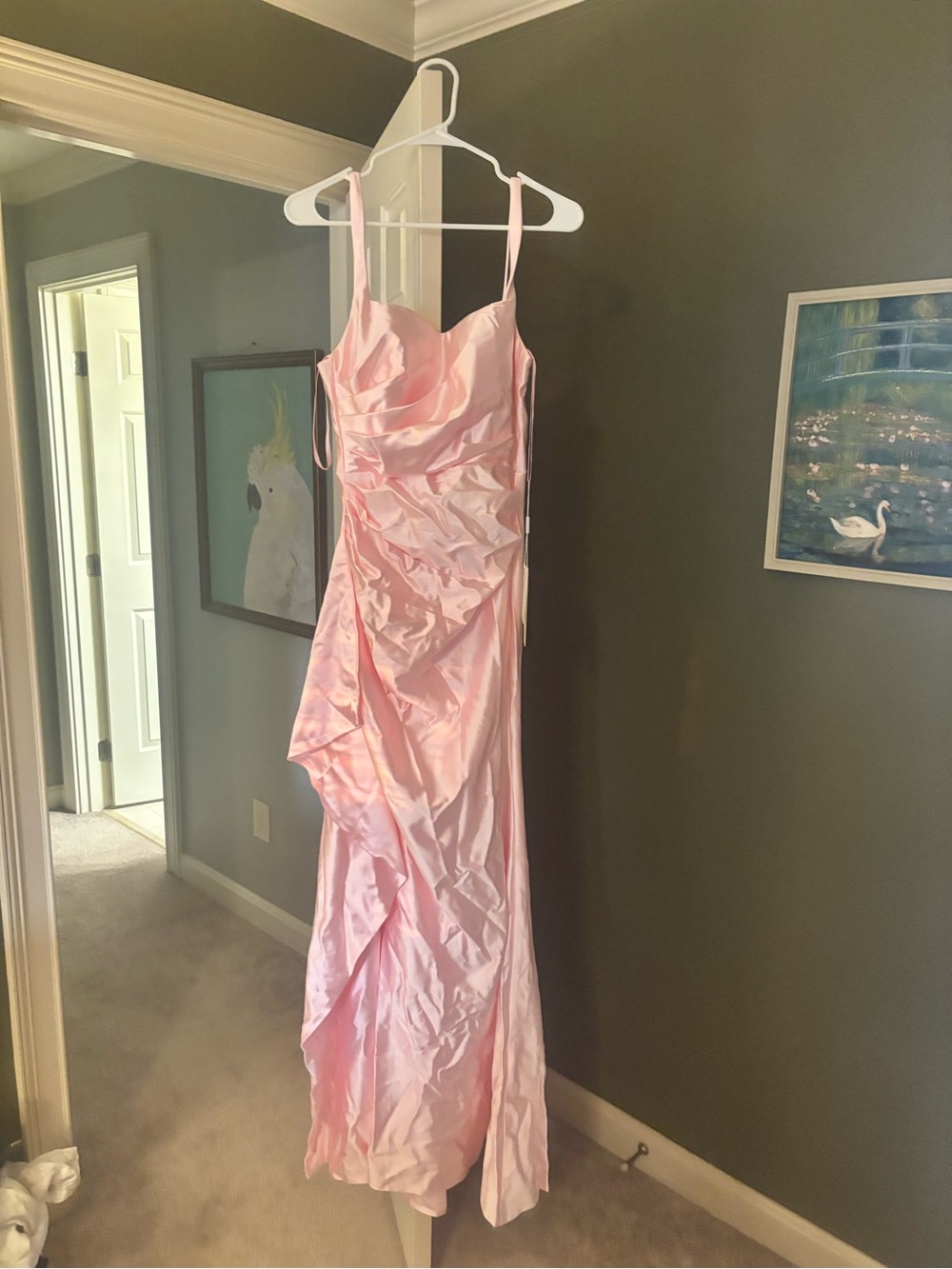 Satin Pink Ruched Spaghetti-Strap Prom Dress